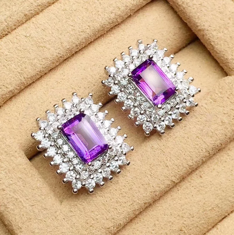 Природный натуральный аметист блестящие серьги-гвоздики 925 серебро 0.6ct* 2шт драгоценный камень для мужчин или женщин# R98501