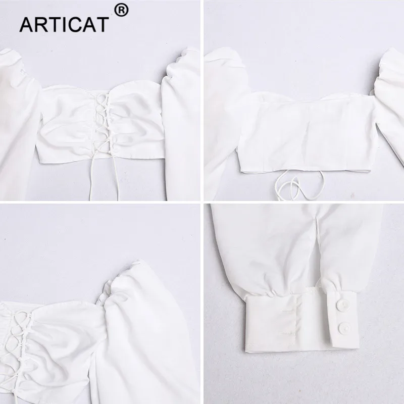 Articat/белая пикантная футболка с пышными рукавами на шнуровке для женщин; Короткий осенний Повседневный укороченный топ с длинными рукавами; женские топы; уличная одежда