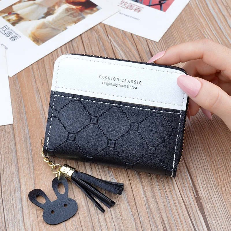 

2020 new zero wallet women's short Wallet Zipper tassel wallet fashion Korean color contrast embossed card bag