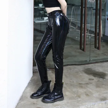 

EOEODOIT Women Modern Leather Pants Party Club Sexy Shining Leggings Hip Push Up Elastic Waist Trousers Gothic Leggings 80123