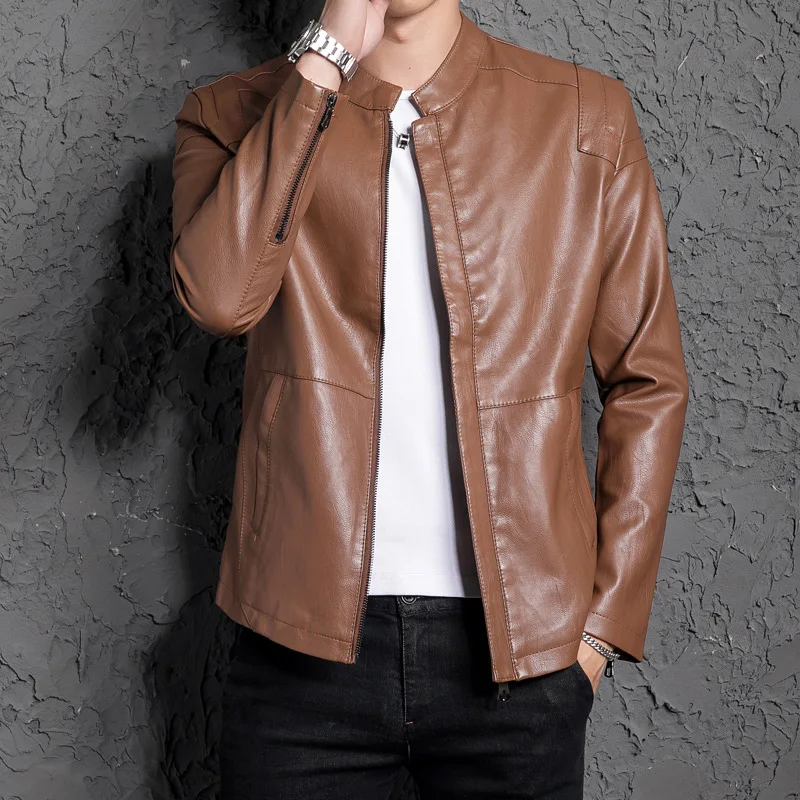 MEN'S Leather Coat New Style Youth Leather Jacket Thin Trend Slim Fit Handsome plus Velvet Leather Coat MEN'S Coat Fashion