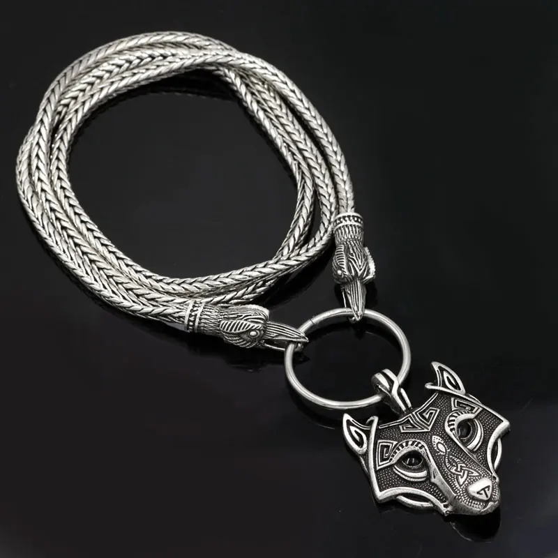 

Vikings Hand Pendant Necklace Norse Wolf Head Ancient Silver Plated Necklace Animal Jewelry Wolf Head hange Metal Chain