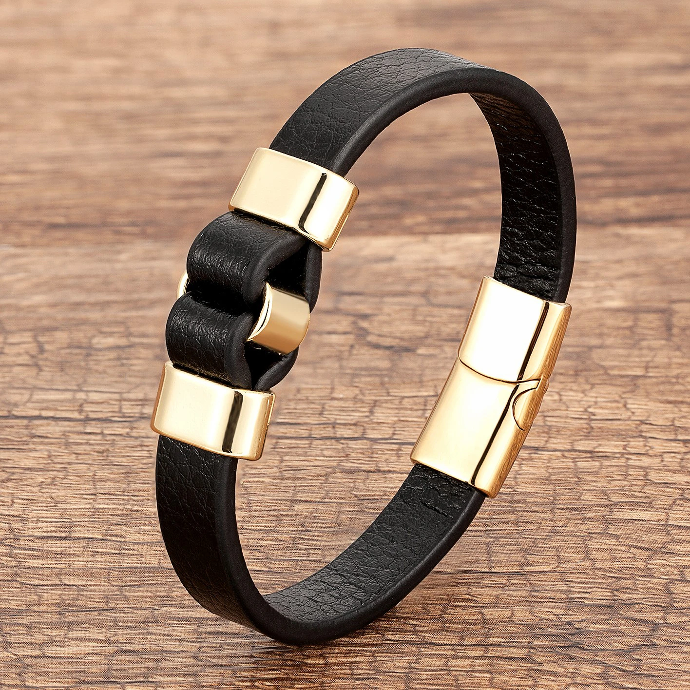 Genuine Leather Men Bracelet Charm Black Gold Color Magnetic Clasp Vintage Bangles Men's Jewelry bracelet jewelry