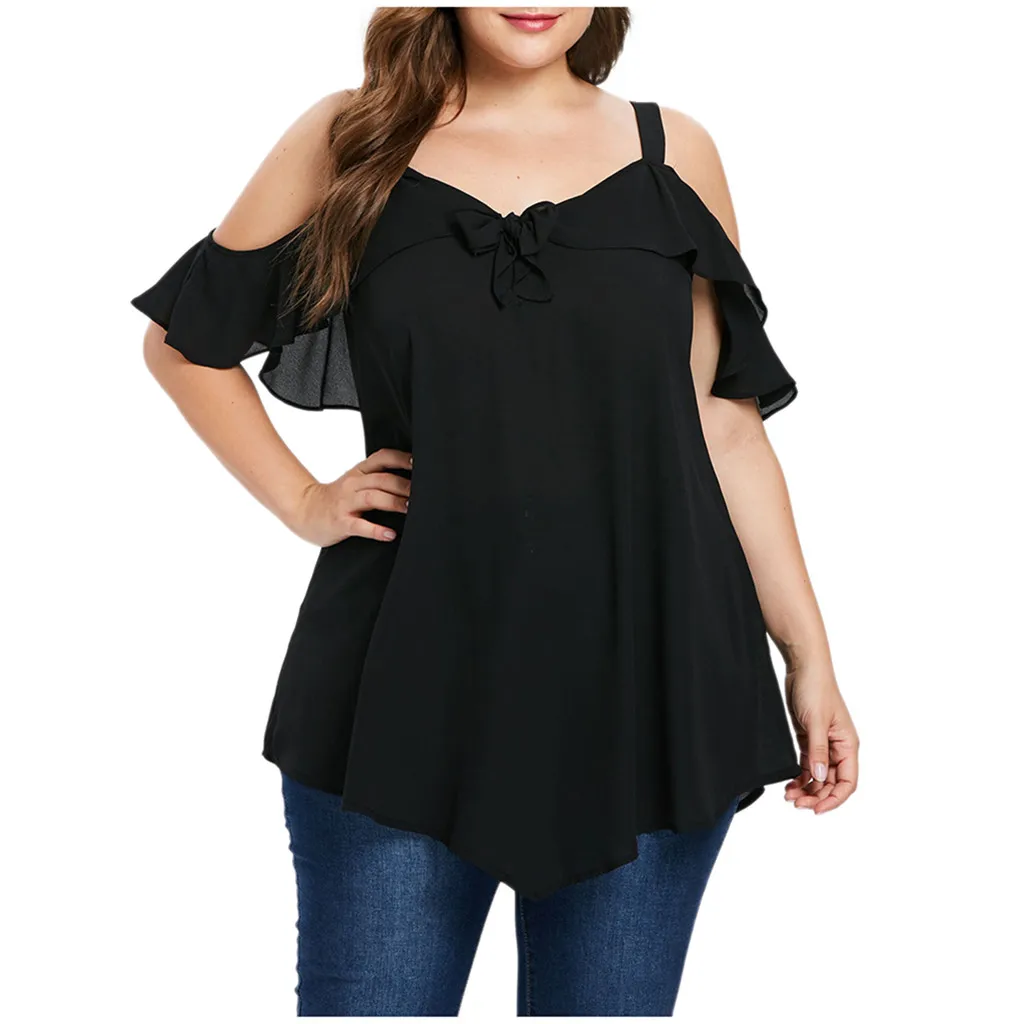 Женская футболка сексуальная с открытыми плечами рюшами рукав бант бандаж шифон