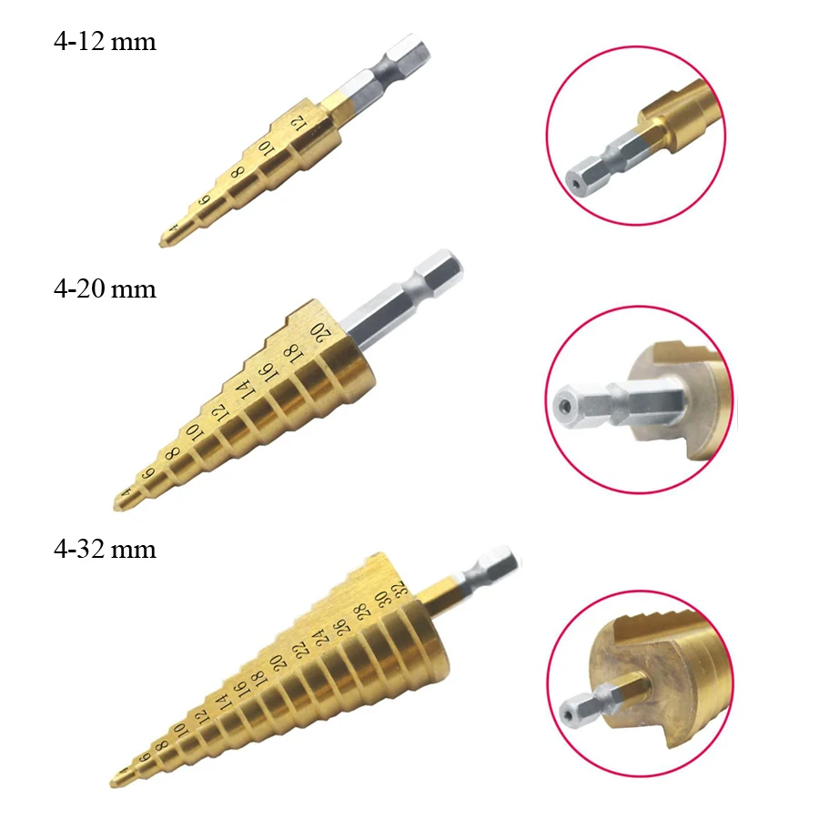 HSS Step Drill Bit metal Step Cone Titanium Coated Metal Hex Taper Drill Bit Cut Tool Set 4-12mm 4-20mm 4-32mm