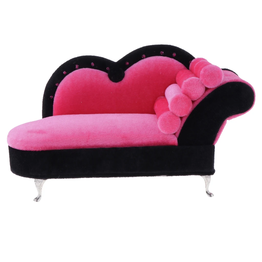 1/6 Scale Fashion Dolls House Miniature Chaise Lounge Recliner Long Sofa Furniture Model Decor Pink+Black