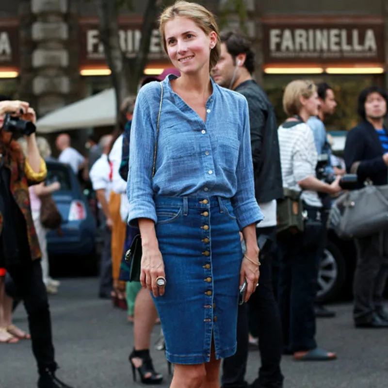 

Women Blue Solid Casual High Waist Pencil Denim Skirts High Street Pockets Button midi skirt All-matched Knee-Length Jeans Skirt