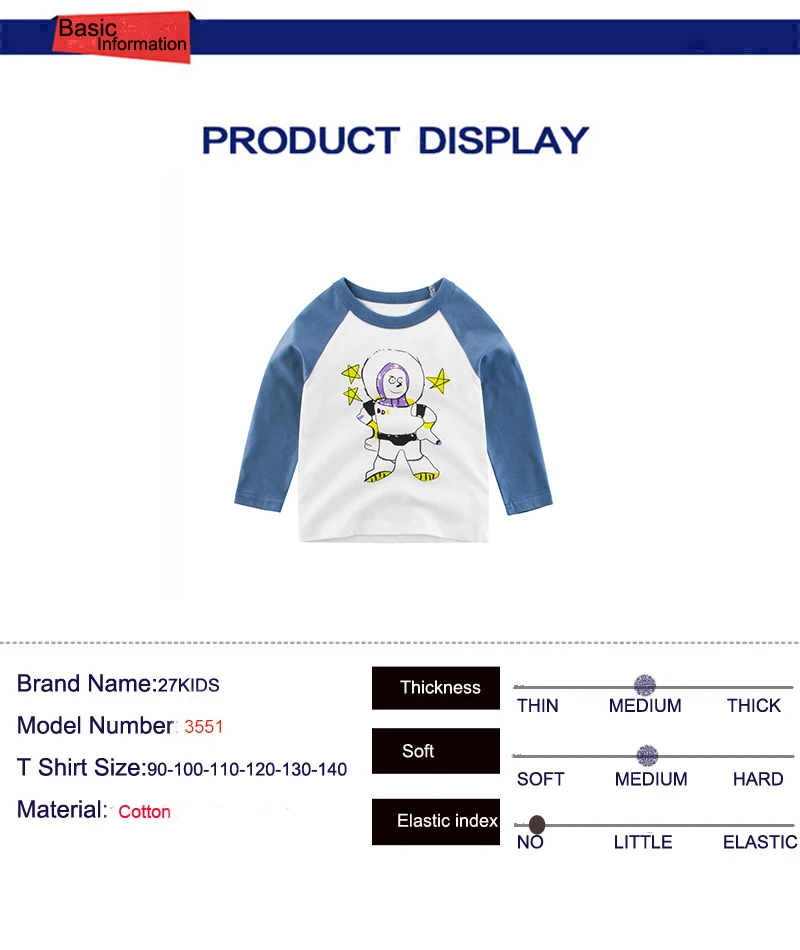 27Kids Boys Girls Astronaut Pattern Детская футболка Дети Уличная Мода Стиль Хлопок Футболка с длинным рукавом Детские Верх для Мальчиков