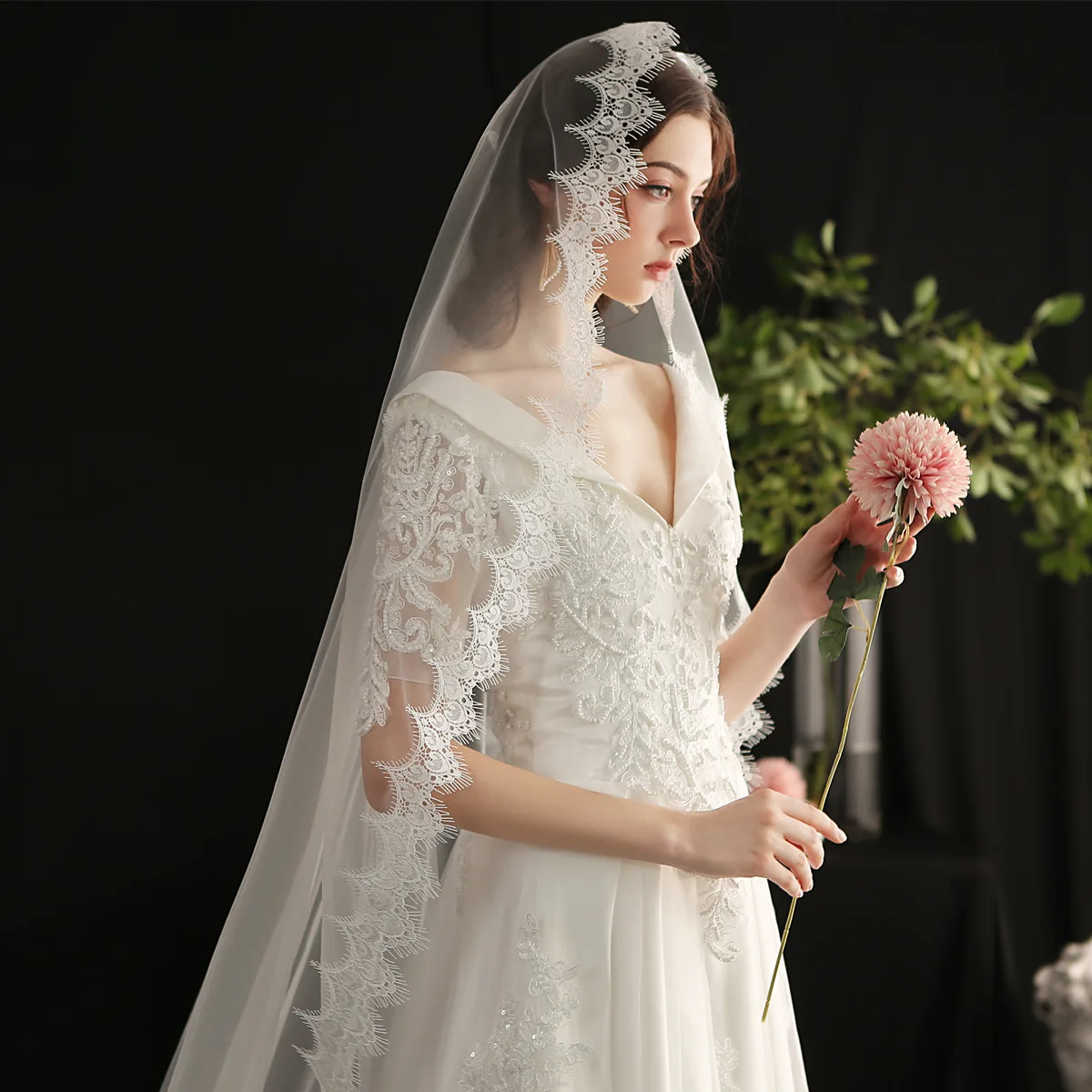 One Layer Full Edge with Eye Lash Lace Wedding Veil 3M 4M With Comb Elegant Long Bridal Veil