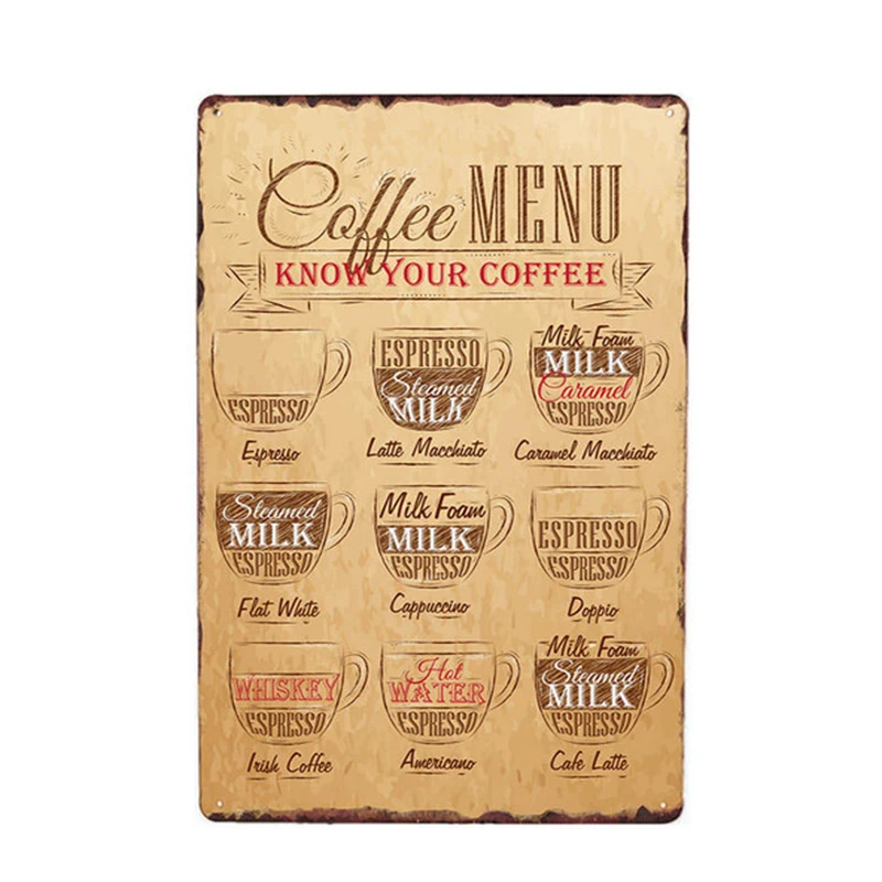 Кофейное меню кафе жестяная вывеска металлическая пластина с винтажным рисунком живопись Ретро железная картина
