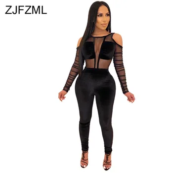 

Sexy See Through Mesh Splice Velvet Overalls for Women Cold Shoulder Bandage Party Jumpsuit Backless High Waist Bodycon Playsuit