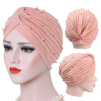 2020 cotton solid folds pearl muslim turban scarf  women islamic inner hijab caps Arab wrap head  femme musulman turbante mujer 1