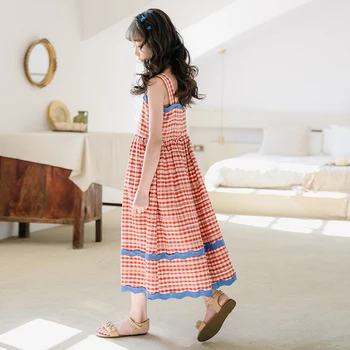 

10 to 12 years Teen Girls Sweet Summer Long Dress Sleeveless Plaid Lace Maxi Sundress Korean Muslim Girls Dresses