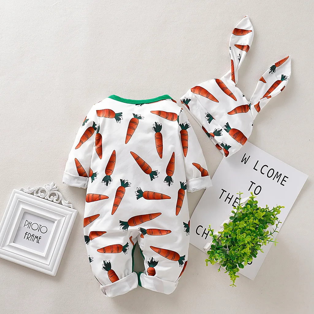 Goedkoop Kinderen Winter Kleding Baby Baby Jongens Meisjes Cartoon Wortel Print Romper Jumpsuit + Rrabbit Oren Hoed Set Vetement Fille 3 m 18 M 2019