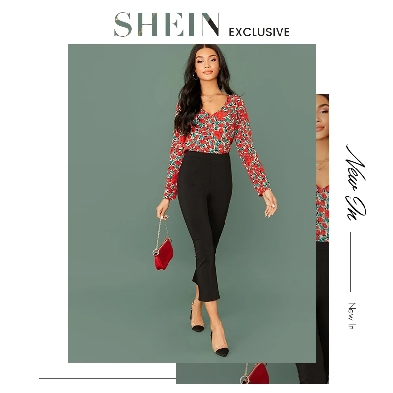 SHEIN разноцветная Повседневная Блузка с v-образным вырезом и цветочным принтом, женские топы, весна, уличная одежда с длинным рукавом, элегантные женские базовые блузки