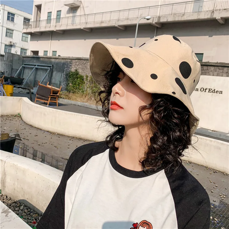 Sun Hat Women Summer Foldable Bucket Hat Harajuku Large Brim Dot Printed Beach Sun Hat Japanese Style Yellow Black Khaki Beige   (6)
