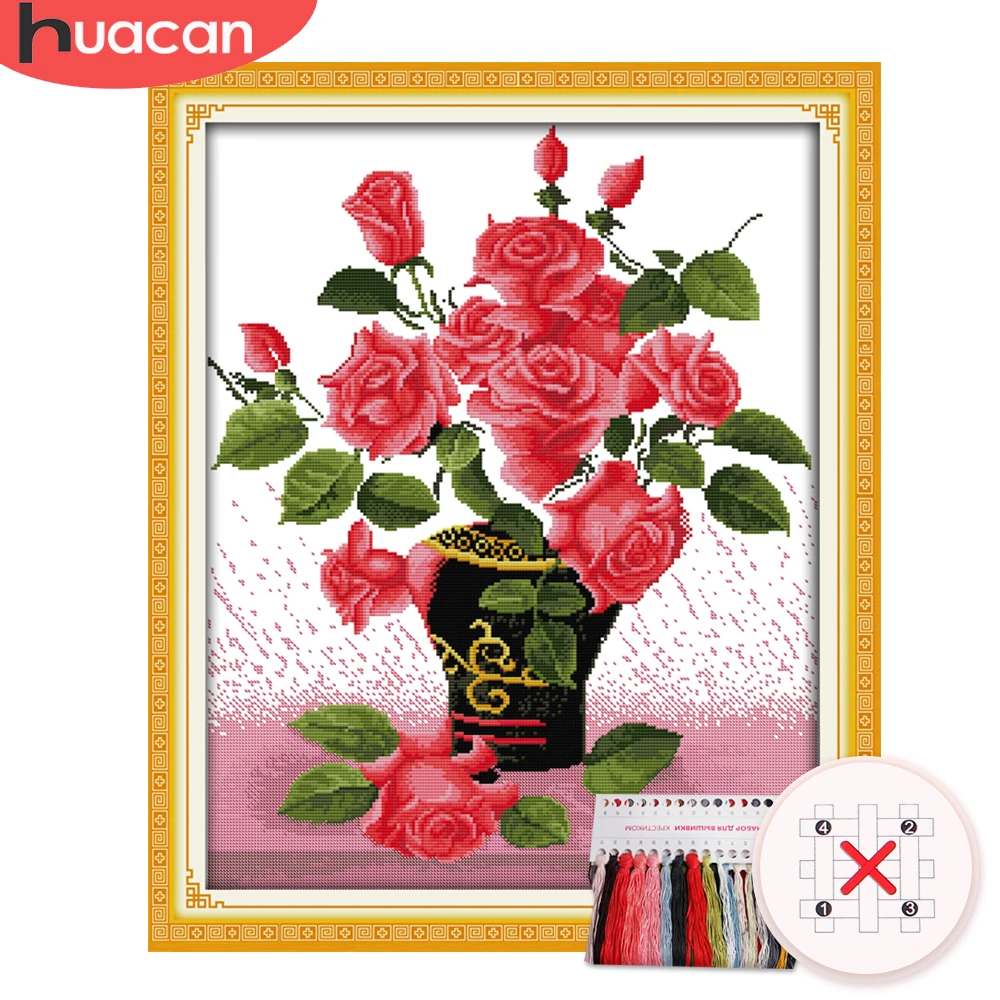 HUACAN Cross Stitch Flower In Vase Kits Floral Sets White Canvas DIY Embroidery Rose Gift Home Decoration Needlework 11CT 14CT | Дом и сад