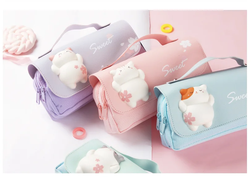 Cute Cat Decompression Pencil Case Big Pencil Box Portable Girls Pen Bag Double Layer School Pouch Kawaii Stationery Pensil Case