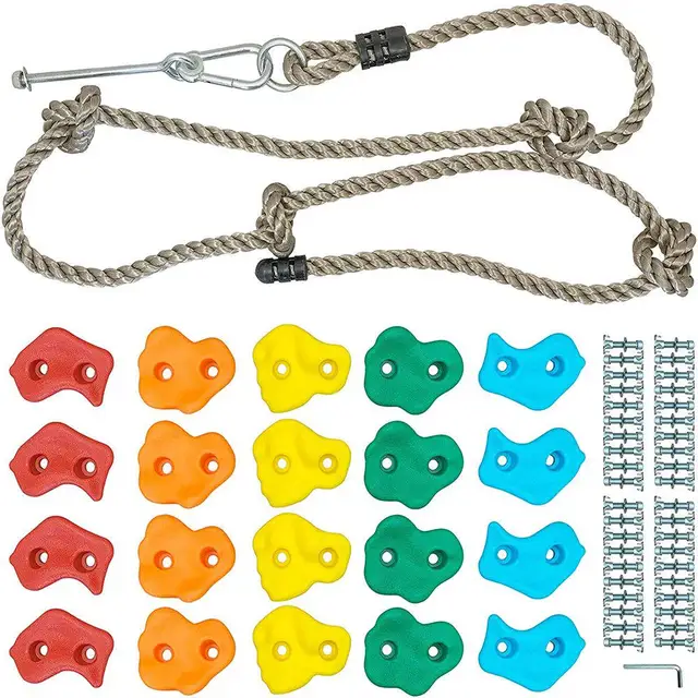 20 Assorted Kids Climbing Rock Holds with Knotted Rope Kit - Mounting Hardware Indoor and Outdoor Playground Play Set
