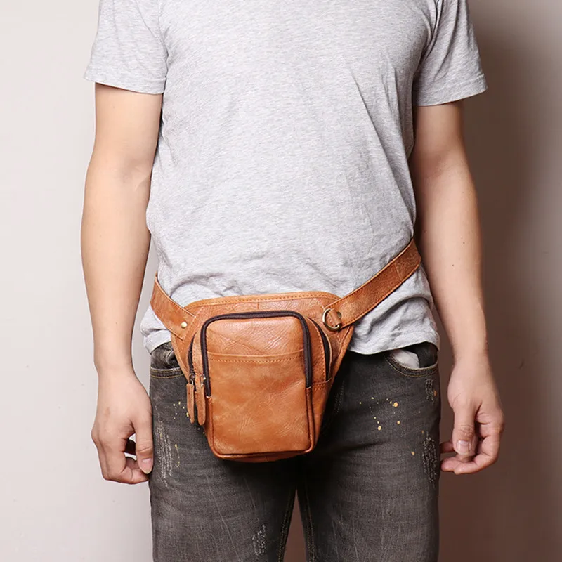 

New style men's leather pants sports waist bag ladies nubuck leather messenger bag multi-function mobile phone bag