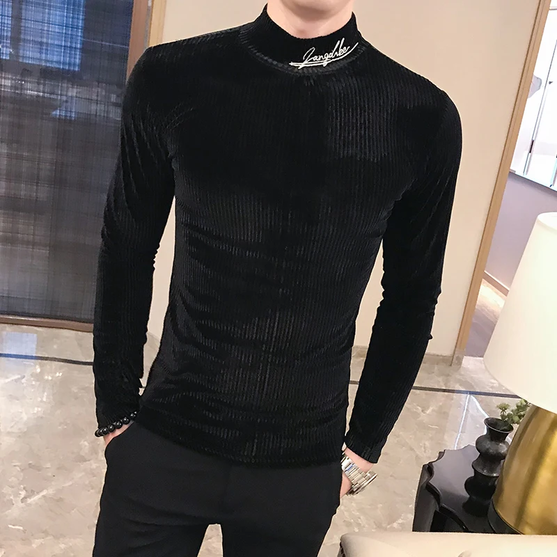 Camiseta de estilo británico para hombre, camisetas de tejidos nuevos de otoño, ropa de calle de manga larga para hombre, camisetas informales de corte entallado con cuello de tortuga