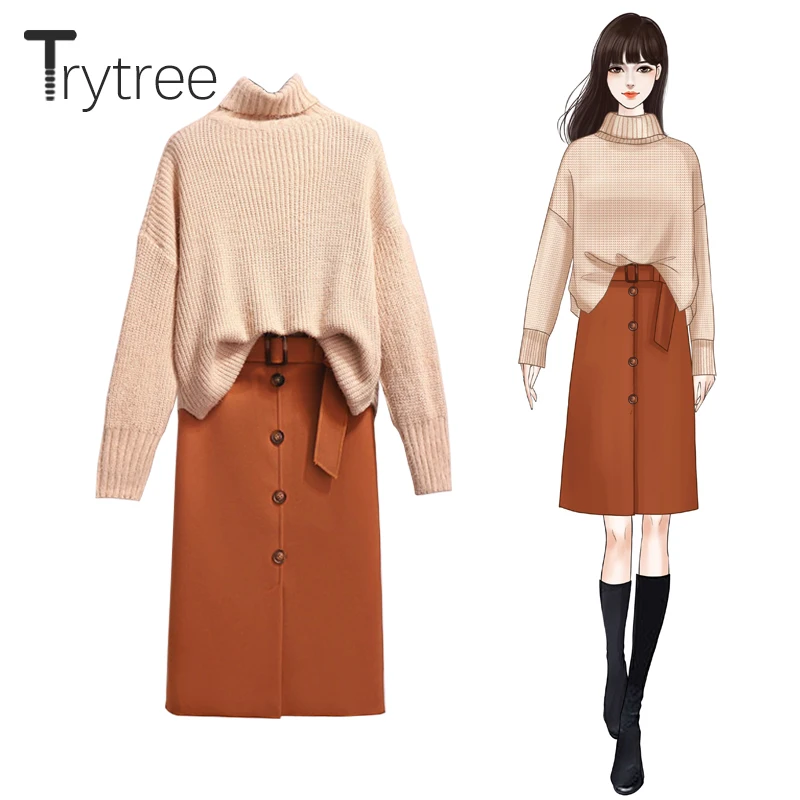 Trytree 2019 осенне зимний комплект из двух предметов Повседневная водолазка вязаный