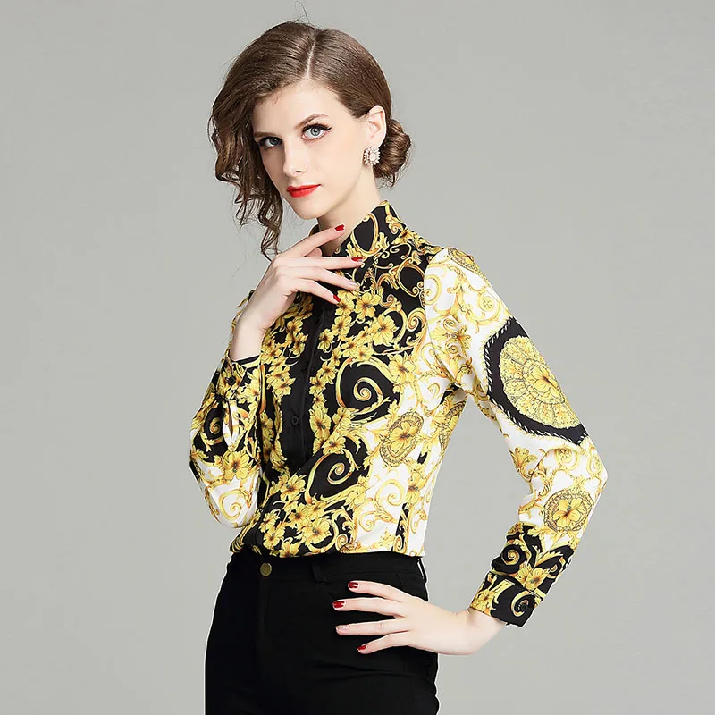 Женская осенне-зимняя винтажная блуза с длинными рукавами, с золотым отложным воротником, дизайн, подиумная рубашка, офисный женский темперамент, элегантный топ