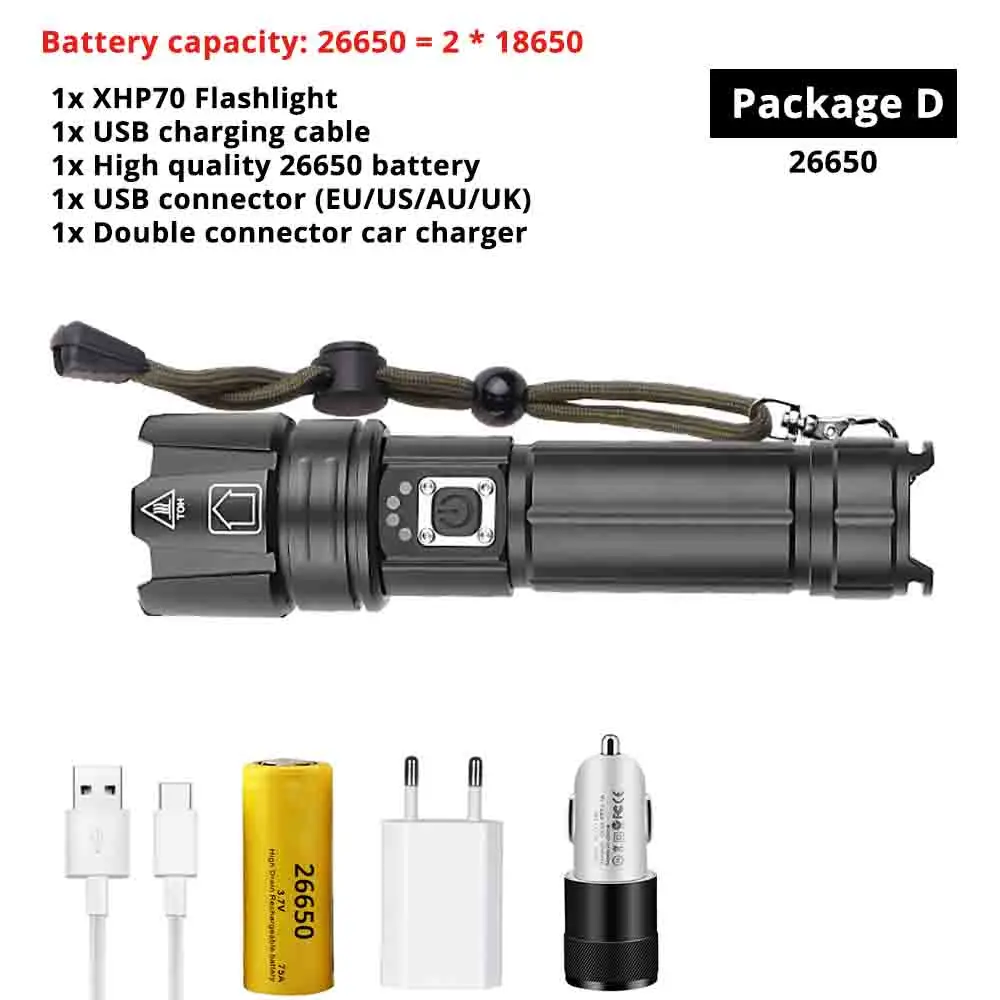 26650-Package D Мощный XHP70 светодиодный светильник-вспышка с USB входом и выходной функцией тактический фонарь 5 светильник ing режимы Водонепроницаемый зум наружный светильник - Испускаемый цвет: 26650-Package D