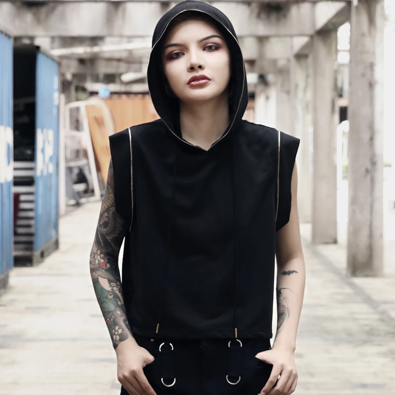 

Gothic Black Women Sleeveless White Stitching Line Drawstring Hooded Tops Goth Punk Female Dark Hip Hop Streetwear Loose Hoodeis