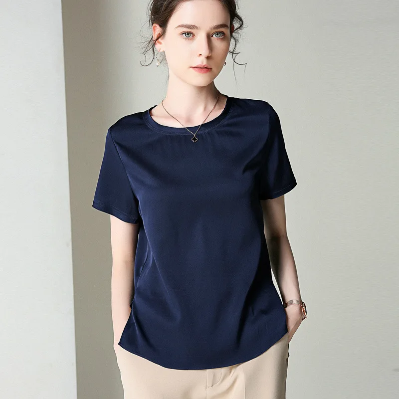 

Real Silk Short-sleeved Top Women's Korean-style Crew Neck 2019 Spring And Summer New Style Women's Silkworm Shirt Silk Coat Sol