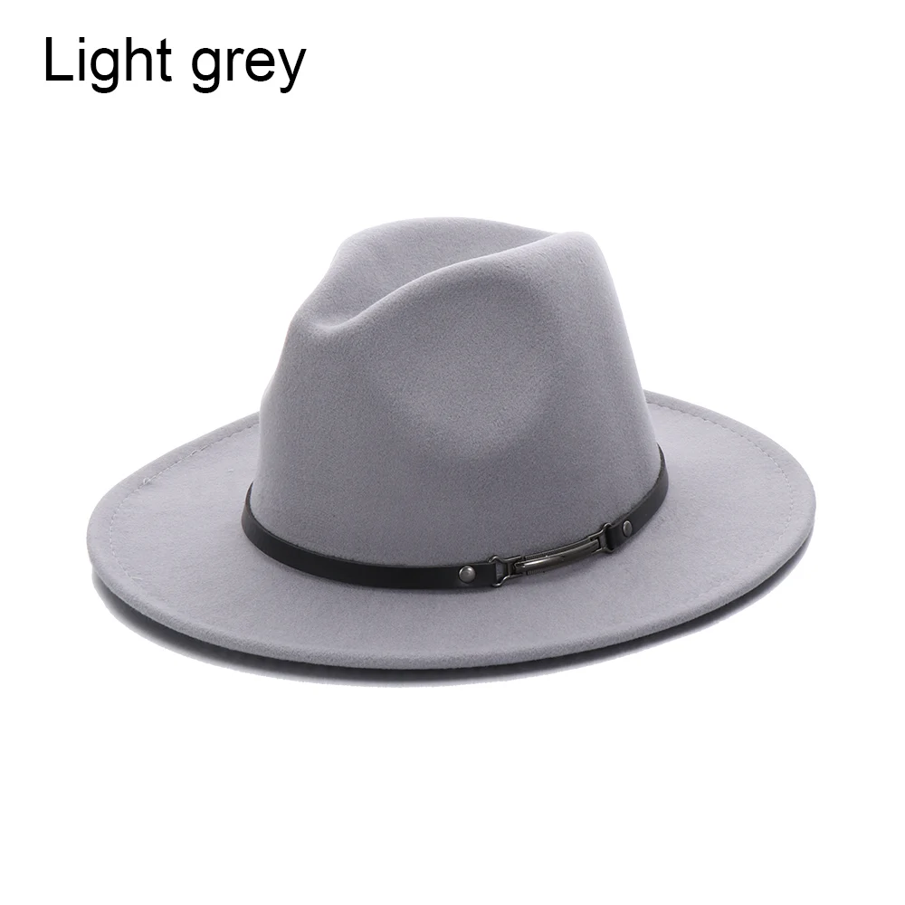 light grey Модная элегантная фетровая шляпа для мужчин и женщин с широкими полями, широкополая Панама, ковбойская шляпа, винтажная джазовая шляпа, вечерние, декоративная лента, кепка, подарок - Цвет: light grey