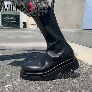 

MILI-MIYA Brand Design Fashion Women Cow Leather Ankle Boots Slip-On Stretch Fabric Round Toe Square Heels Plus Size 34-44