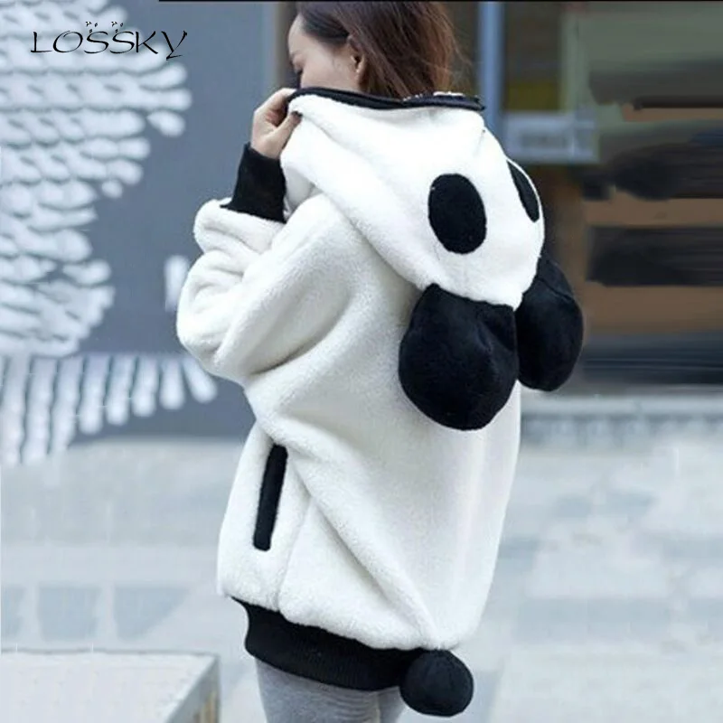 Lossky Женская куртка теплая черная и белая панда пальто на молнии с капюшоном леди плюшевый медведь осень зима Корейская плюшевая верхняя одежда с ушками