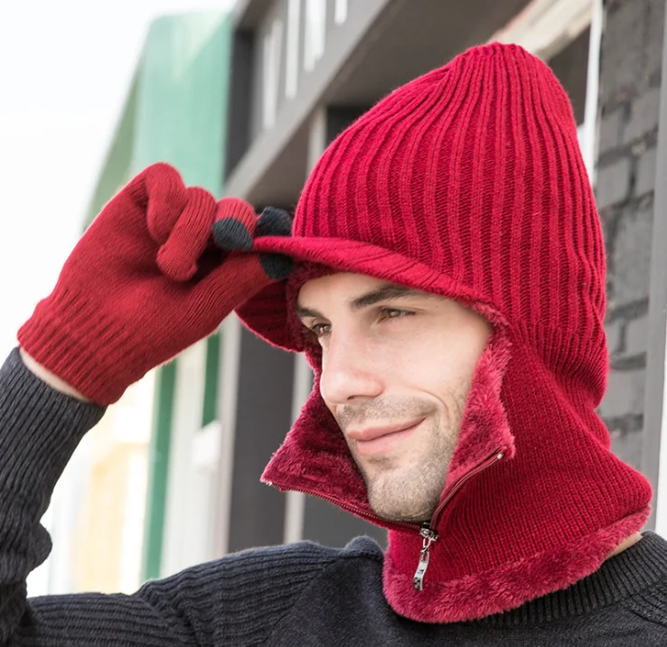 Two-piece red LOOZYKIT, комплект из 2 предметов, вязаная шапка и перчатки, шапка с помпоном и помпоном, толстая шапка, зимняя теплая модная мужская шапка на молнии, маска для лица, новинка - Цвет: Two-piece red