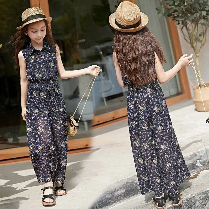 

2021 New big children chiffon wide leg pants children summer girl western style two-piece suit