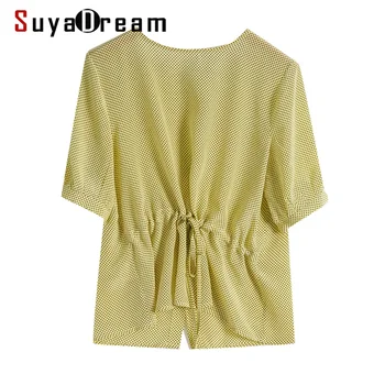 

SuyaDream Women Summer Blouses 100%Real Silk Dots Printed Short Sleeved O neck Belted Waist Office Blouse Shirt 2020 Top