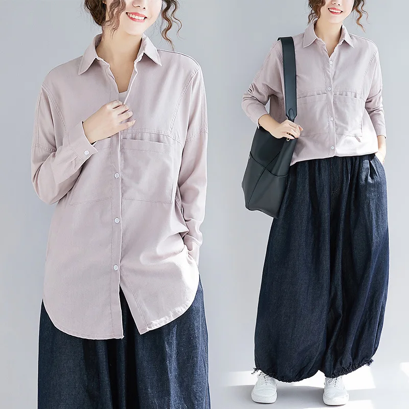 

2019 Autumn Clothing New Style Korean-style Literature And Art Solid Color Long-sleeved Shirt Fat Mm Slimming Comfortable Fold-d