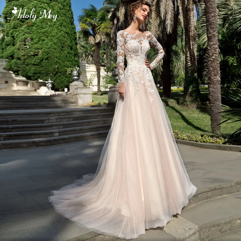 

Adoly Mey New Arrival Scoop Neck Long Sleeve A-Line Wedding Dresses 2020 Luxury Beaded Appliques Vintage Bridal Gown Plus Size