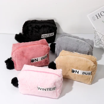 

Fashion Sweet Makeup Bag Soft Cotton Plush Cosmetic Pouch Winter Make up Brushes Storage Case Travel Toiletry Organizer Handbag