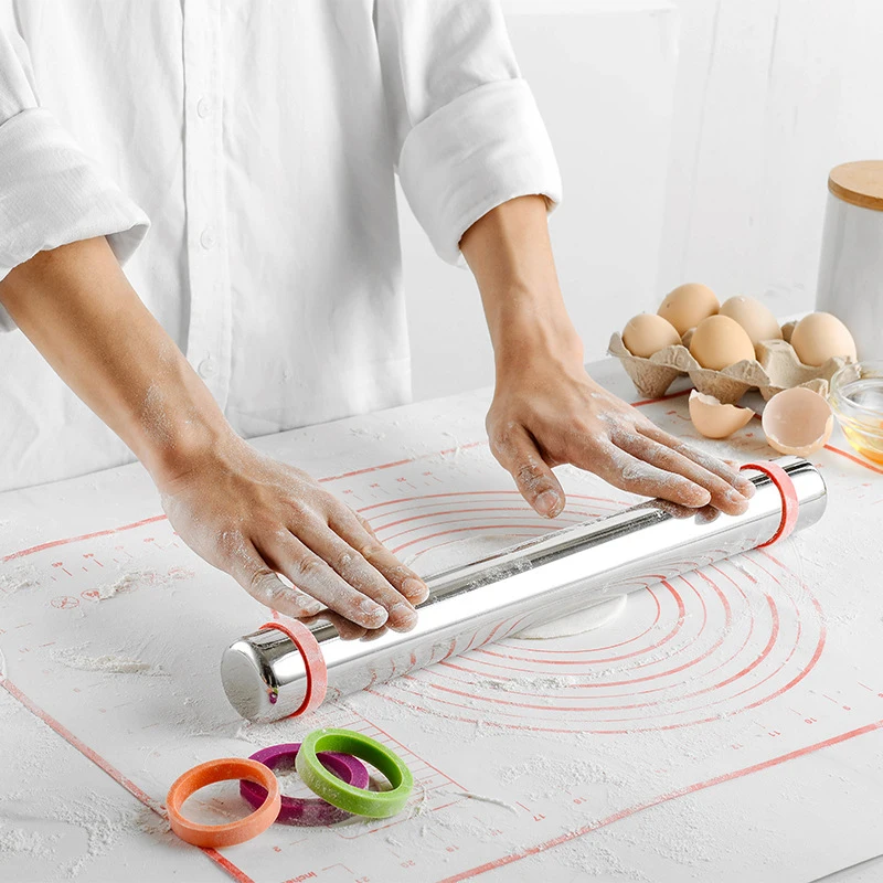 

AliBeans Adjustable Stainless Steel 304 Rolling Pin Dough Mat 4 Removable Thickness Rings for Cake Pizza Pastry Baking Tools