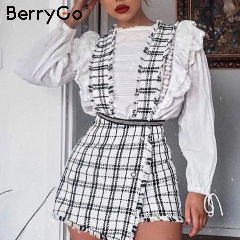 Белый BerryGo, трапециевидная, твидовая, клетчатая, Женская юбка, Осень-зима, повседневная, для девушек, короткая, для вечеринки, юбка на тонких бретелях, женские Мини-комбинезоны, юбка - Цвет: Белый
