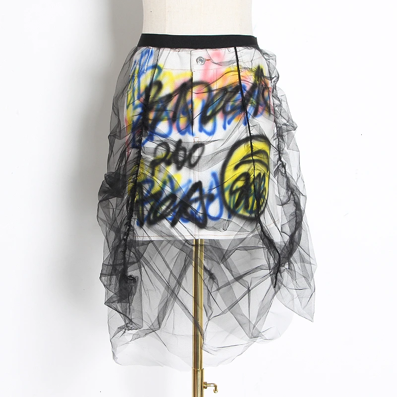 Женская сетчатая юбка TWOTWINSTYLE с высокой талией и принтом в виде букв рюшами