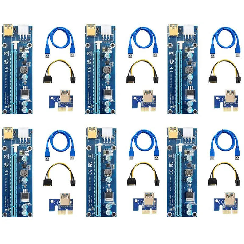 

6 Pack PCIE Risers 009S Mining Dedicated Graphics Card PCI-E 1X to 16X Riser Card with 6 Pin to SATA Power Supply 3.0 Data Cable