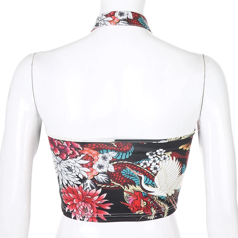 Women's Chinese Style Backless Dragon Printed Summer Halter Tank