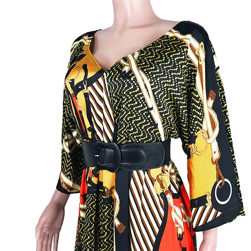 Without Belt Maxi Dress with Sleeve Women V Neck Irregular Print Long Dress Elegant Boho Holiday Party Dresses Femme Festa