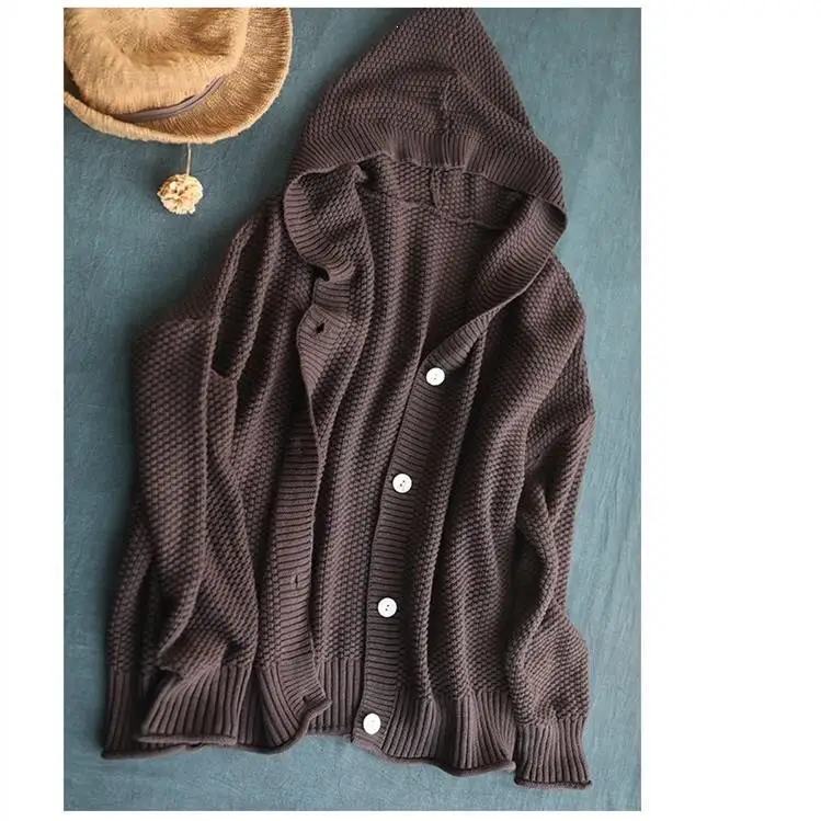 Women Sweater Hooded Sweater Casual Elegant Solid Single-Breasted Knitted Cardigan Button Loose Sweatet Coat - Цвет: coffee