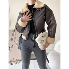 HXJJP Short PU Leather Lamb Wool Coat Women's 2021 Autumn Winter New Flecee Thick Warm Leather Jacket