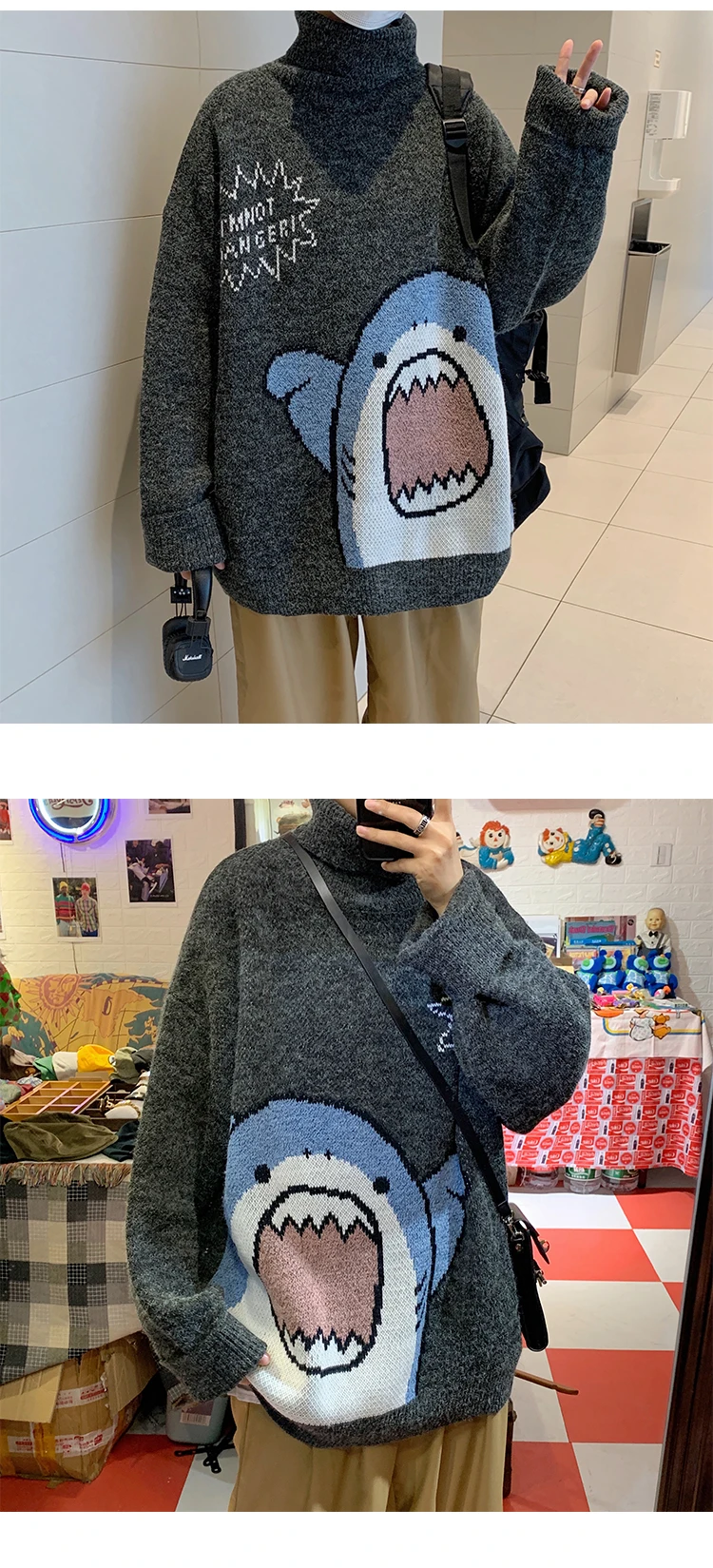 Men Turtlenecks Oversized Sweater Shark Letter JKP4765