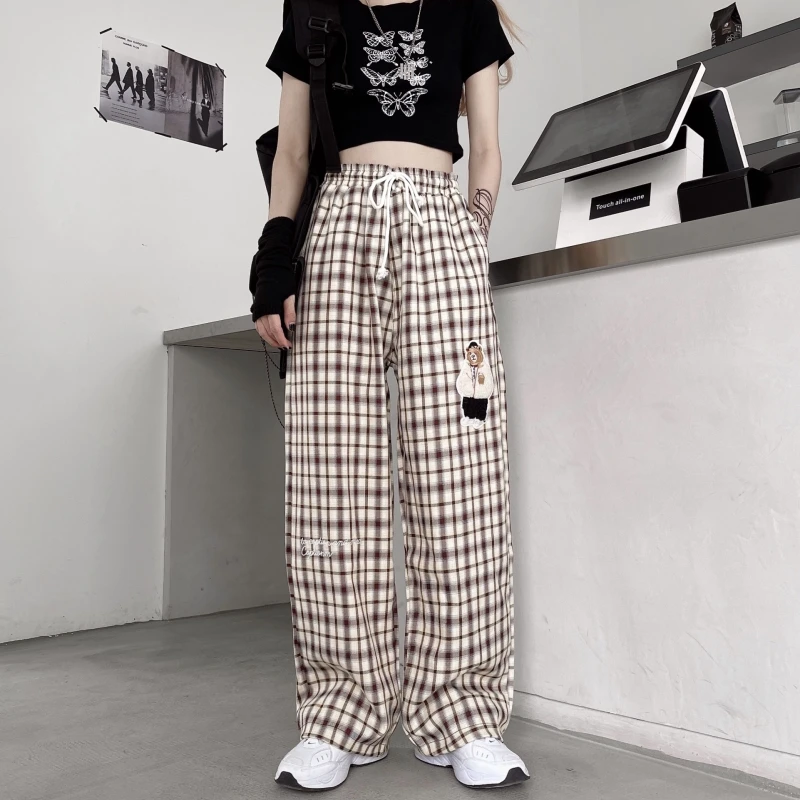 

Soft Plaid Pants Oversized Trousers Women High Waist Wide Legs Casual Pants Cute Embroidery Bear Spring Autumn Sweatpants Women