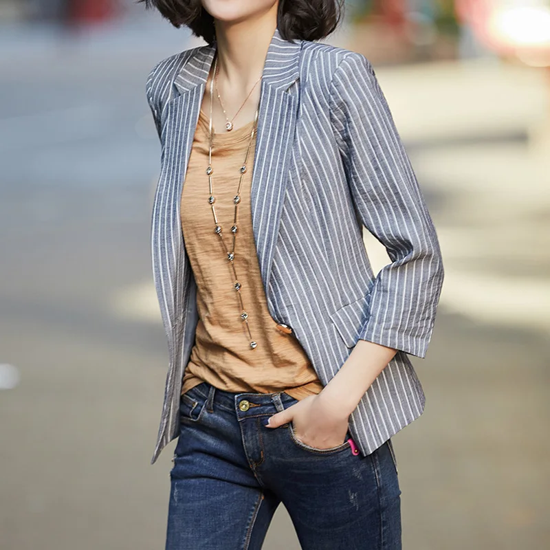 

Stripes Small Suit WOMEN'S Coat 2018 Spring And Autumn New Style Korean-style Retro Short Graceful CHIC Suit Blouse